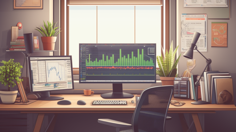 A tranquil home office setup for futures and options trading, featuring a well-organized desk with computer monitors displaying trading platforms, natural light streaming through the window, potted plants adding a touch of nature, and a cup of coffee nearby. The scene exudes a sense of peace and focus, providing a comfortable environment for traders to engage in their activities.