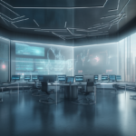 A futuristic computer room showing the best trading indicator combination for making informed trading decisions in the financial markets.