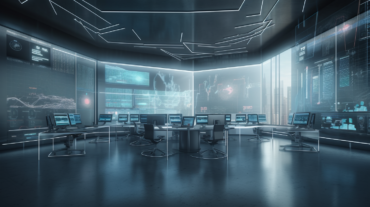 A futuristic computer room showing the best trading indicator combination for making informed trading decisions in the financial markets.