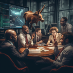 A group of diverse people analyzing stock market trends and discussing investment strategies.