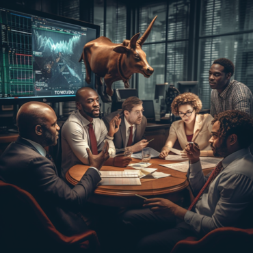 A group of diverse people analyzing stock market trends and discussing investment strategies.