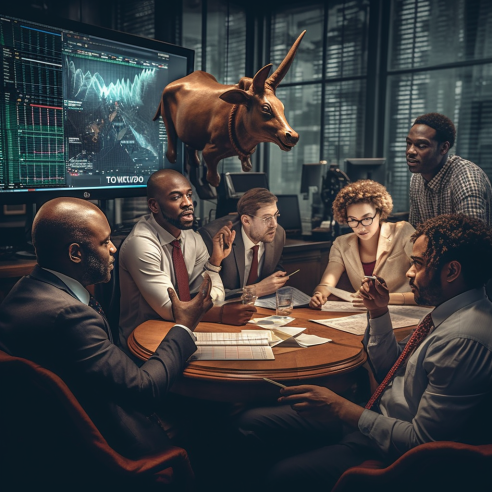 A group of diverse people analyzing stock market trends and discussing investment strategies.