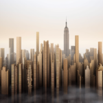 A striking visualization of the best penny stocks for 2023 as towering skyscrapers, each representing a different stock, piercing through a foggy cityscape, symbolizing the uncertainty and potential rewards of the stock market, Sculpture, metal sculptures with intricate details.