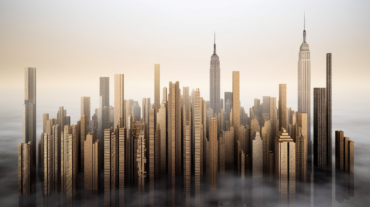 A striking visualization of the best penny stocks for 2023 as towering skyscrapers, each representing a different stock, piercing through a foggy cityscape, symbolizing the uncertainty and potential rewards of the stock market, Sculpture, metal sculptures with intricate details.