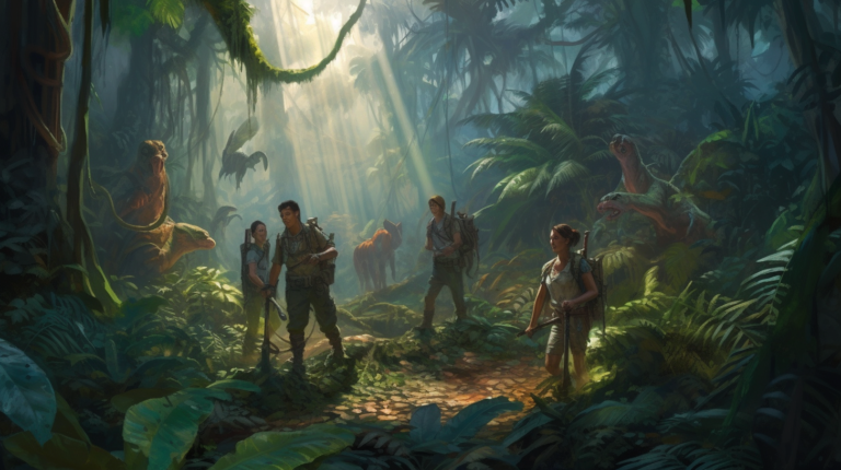 An awe-inspiring oil painting depicting the concept of crypto investing, portraying a group of adventurers navigating through a dense jungle filled with towering trees and ancient ruins, with rays of golden sunlight piercing through the foliage, symbolizing the potential rewards and risks of this financial journey, capturing a sense of mystery and exploration, painted with thick brushstrokes and vibrant colors on a large canvas