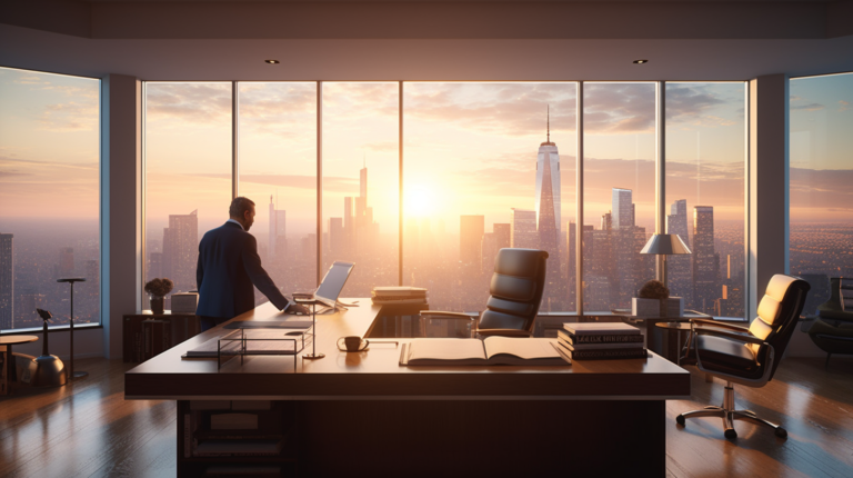 n elegant financial office with floor-to-ceiling windows, overlooking a bustling city skyline at sunset, a large wooden desk with a leather chair, adorned with blue chip stocks certificates, an investor studying the documents with a focused expression, capturing the opulence and success of the stocks.