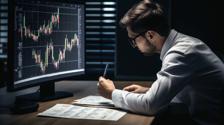 A focused trader sitting at a desk with a notepad and pen, surrounded by financial books and charts. The trader is diligently documenting trading strategies and RSI signals, displaying a deep sense of concentration and dedication to their craft.