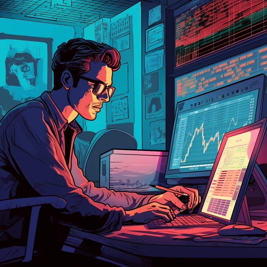 Illustration of a person analyzing stock market data using a stock screener tool.