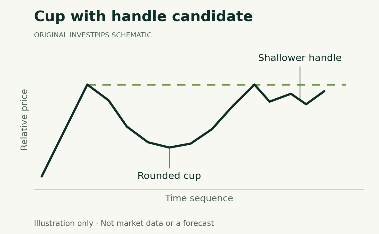 Invented advance, rounded cup-shaped decline and recovery, then a smaller pullback near the right rim. The handle has not broken above resistance.