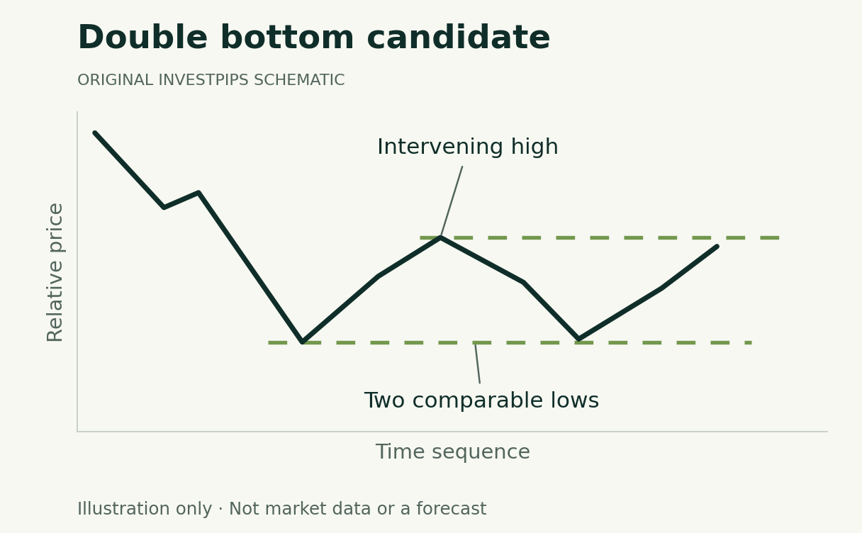 Invented downtrend followed by two comparable lows and an intervening rebound. Price has not exceeded the intervening high, so the reversal is incomplete.