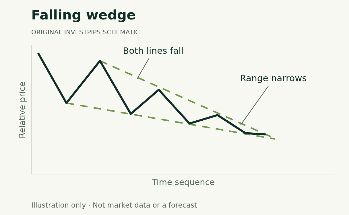 Invented lower highs and lower lows inside two downward-sloping boundaries. The upper boundary falls faster, narrowing the wedge. No breakout is shown.