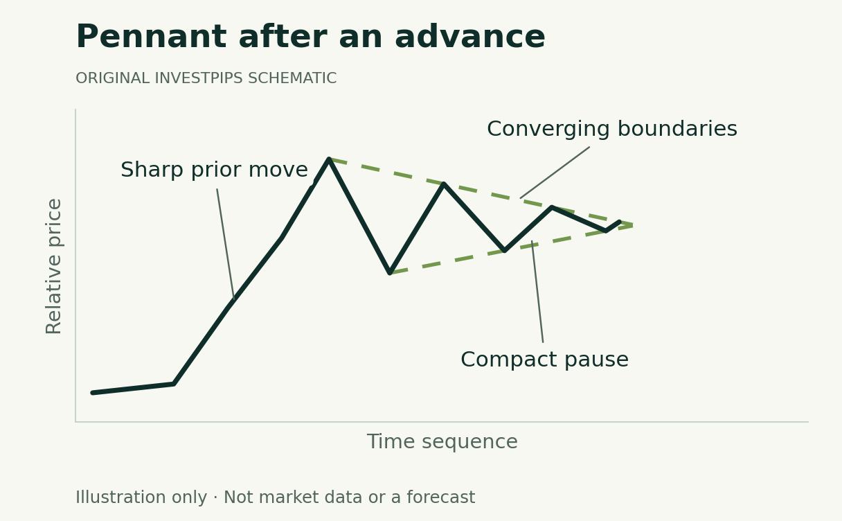 Invented sharp rise followed by a small contracting triangular pause. Unlike a flag, its boundaries converge. No breakout is shown.