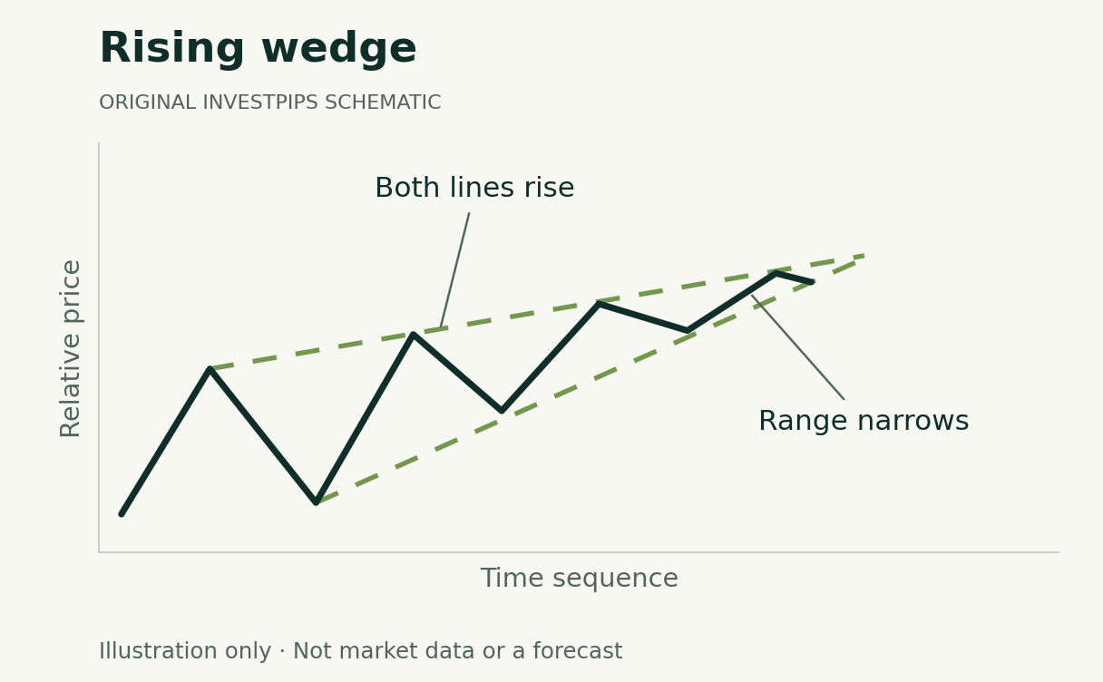Invented higher highs and higher lows inside two upward-sloping boundaries. The lower boundary rises faster, narrowing the wedge. No breakdown is shown.