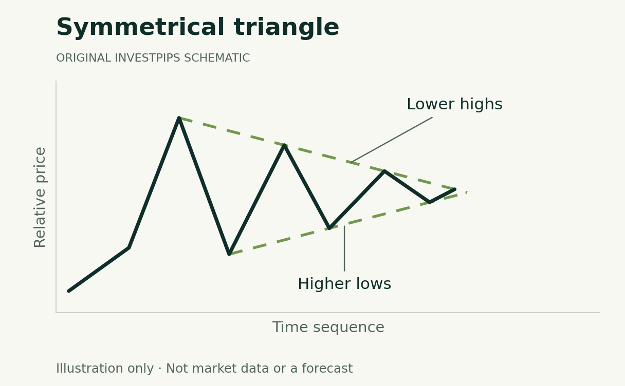 Invented price path between a falling line through lower highs and a rising line through higher lows. The boundaries converge; no breakout direction is selected.